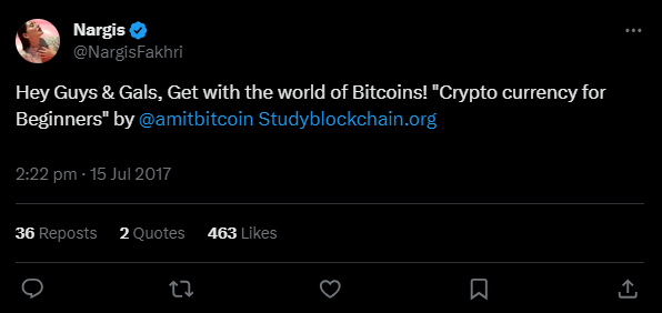 Screenshot of Nargis Fakhri on Bitcoin