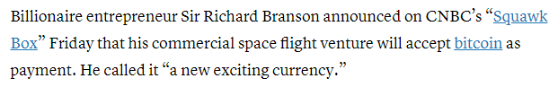 Screenshot of Sir Richard Branson on Bitcoin