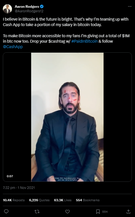 Screenshot of Aaron Rodgers on Bitcoin