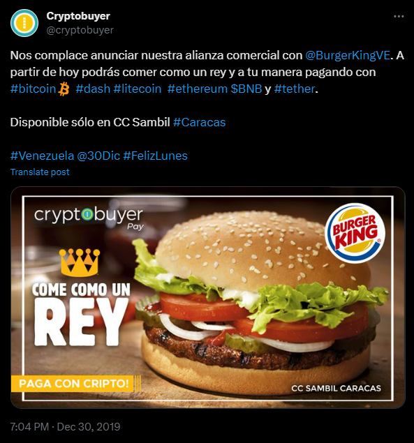 Screenshot of Burger King on Bitcoin