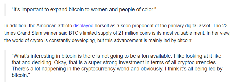 Screenshot of Serena Williams on Bitcoin