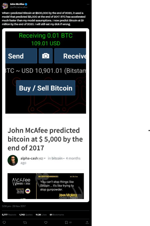 Screenshot of John McAfee on Bitcoin