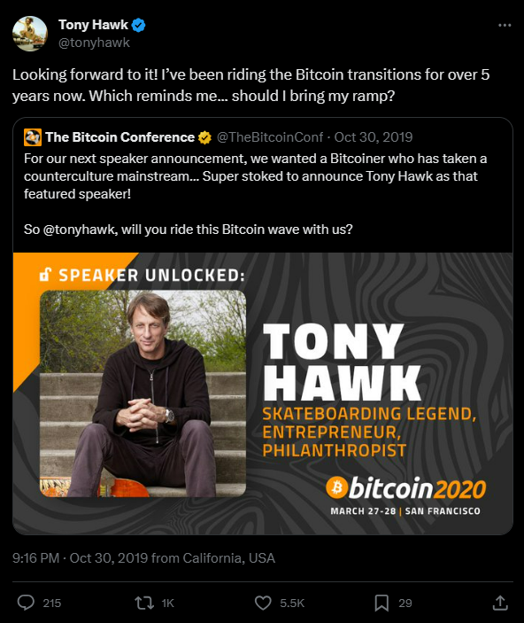 Screenshot of Tony Hawk on Bitcoin