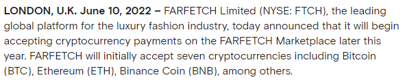 Screenshot of FARFETCH on Bitcoin