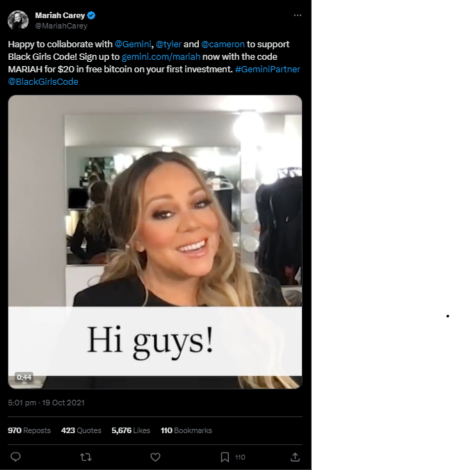 Screenshot of Mariah Carey on Bitcoin