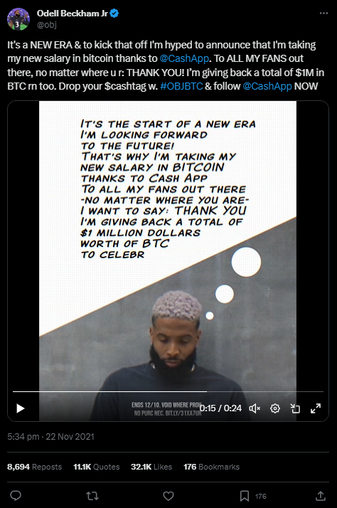 Screenshot of Odell Beckham Jr on Bitcoin