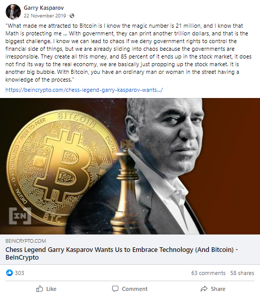 Screenshot of Garry Kasparov on Bitcoin